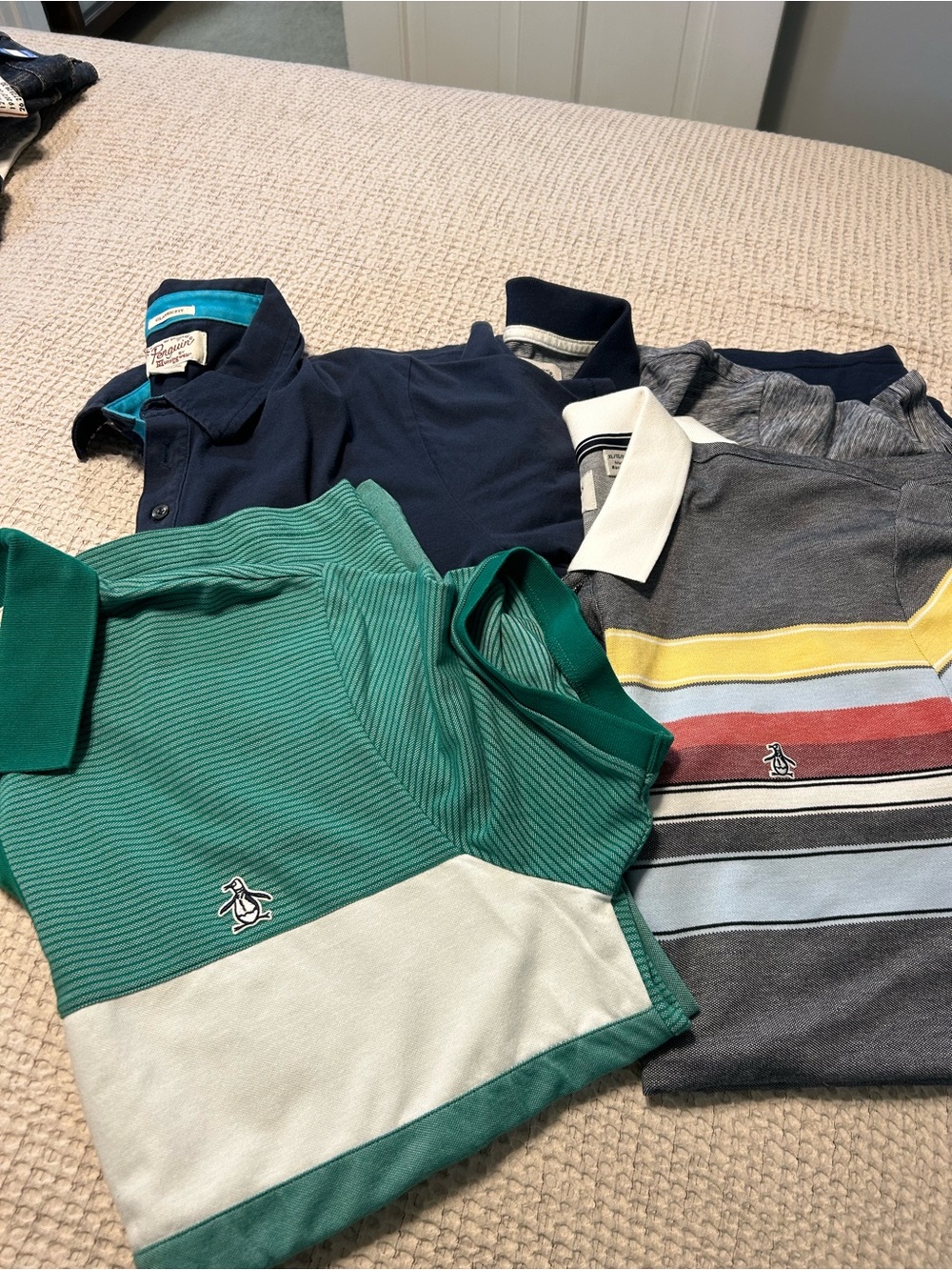 Original Penguin Polo Bundle - Green, Navy & Gray with Multicolor Stripes